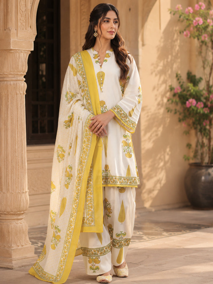 Floral Printed Mandarin Collar Neck Bell Sleeves Pure Cotton Kurta Set