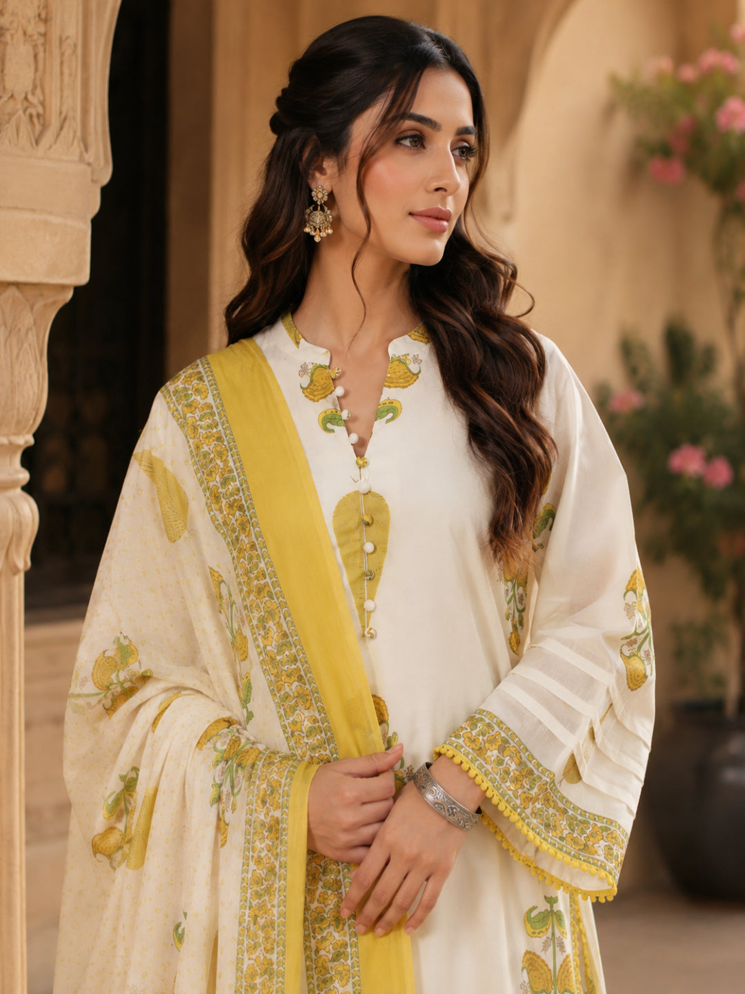Floral Printed Mandarin Collar Neck Bell Sleeves Pure Cotton Kurta Set