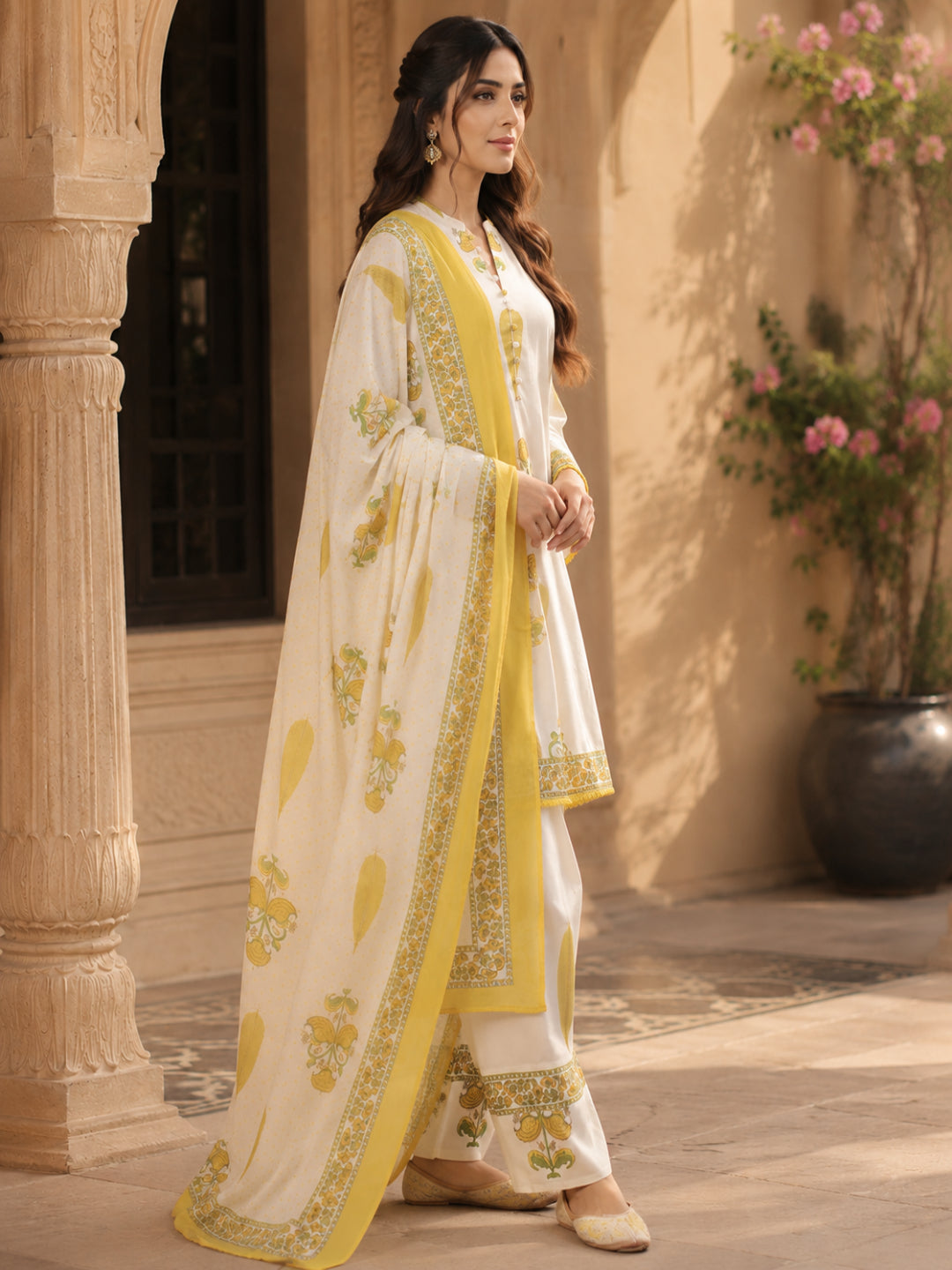 Floral Printed Mandarin Collar Neck Bell Sleeves Pure Cotton Kurta Set