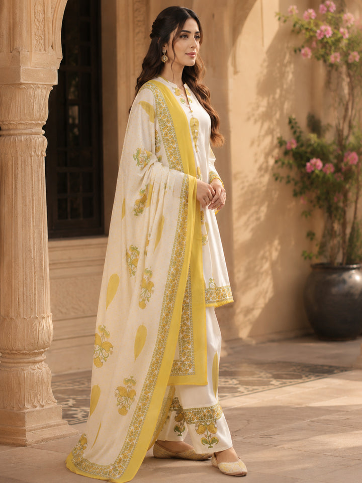 Floral Printed Mandarin Collar Neck Bell Sleeves Pure Cotton Kurta Set