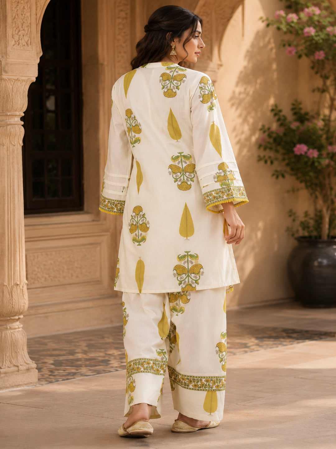 Floral Printed Mandarin Collar Neck Bell Sleeves Pure Cotton Kurta Set