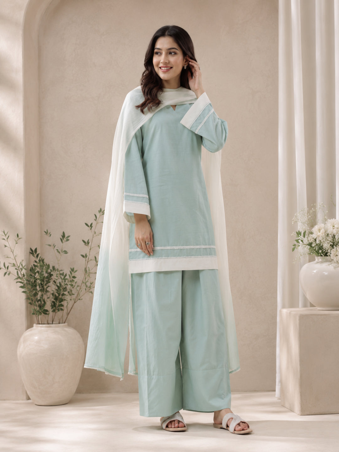 Cotton Solid Long Sleeves Kurta Set With Dupatta