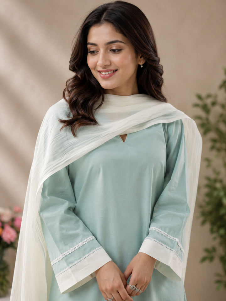 Cotton Solid Long Sleeves Kurta Set With Dupatta