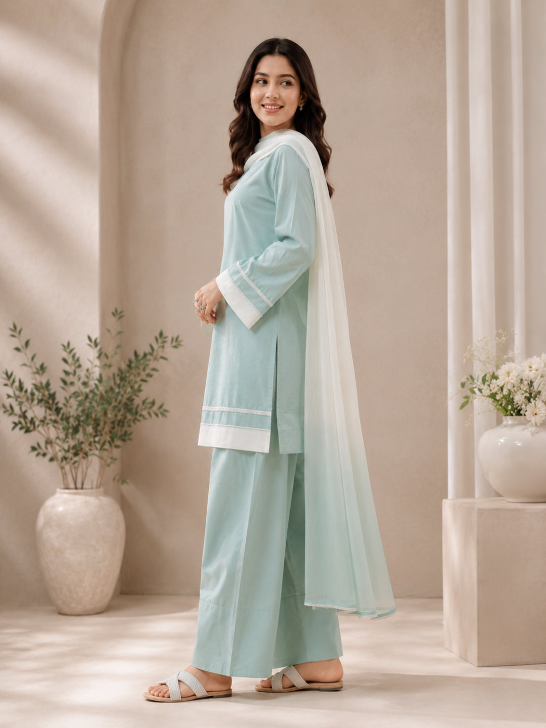Cotton Solid Long Sleeves Kurta Set With Dupatta