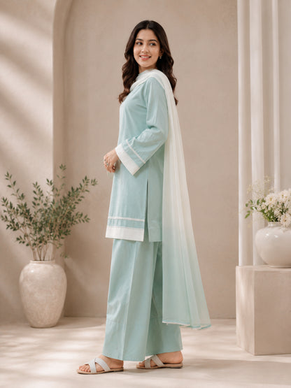 Cotton Solid Long Sleeves Kurta Set With Dupatta