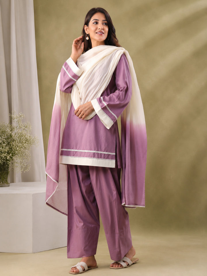 Cotton Solid Long Sleeves Kurta Set With Dupatta