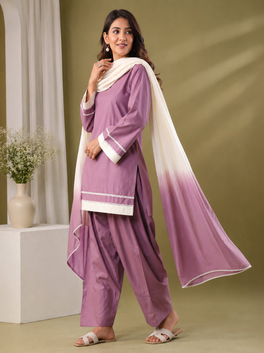 Cotton Solid Long Sleeves Kurta Set With Dupatta