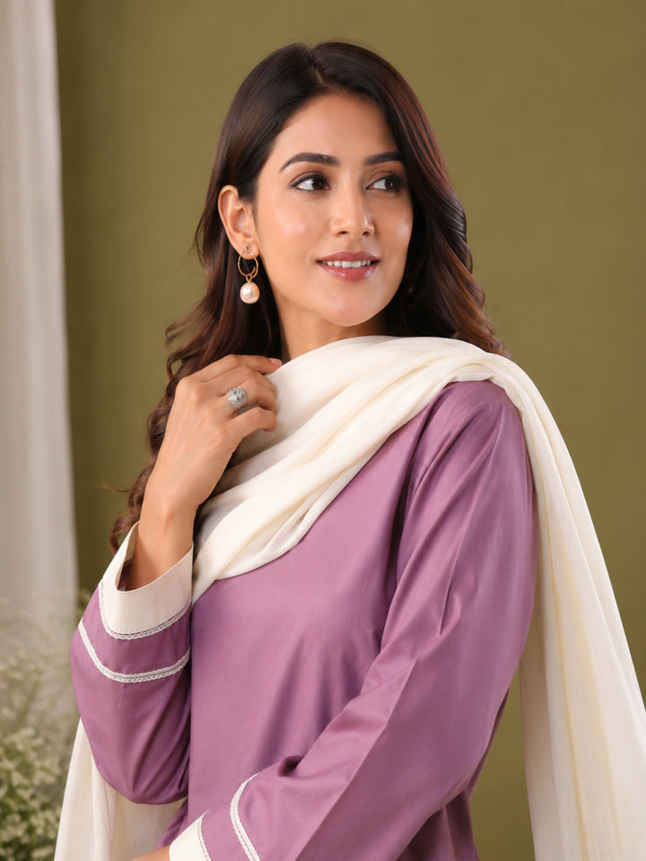 Cotton Solid Long Sleeves Kurta Set With Dupatta