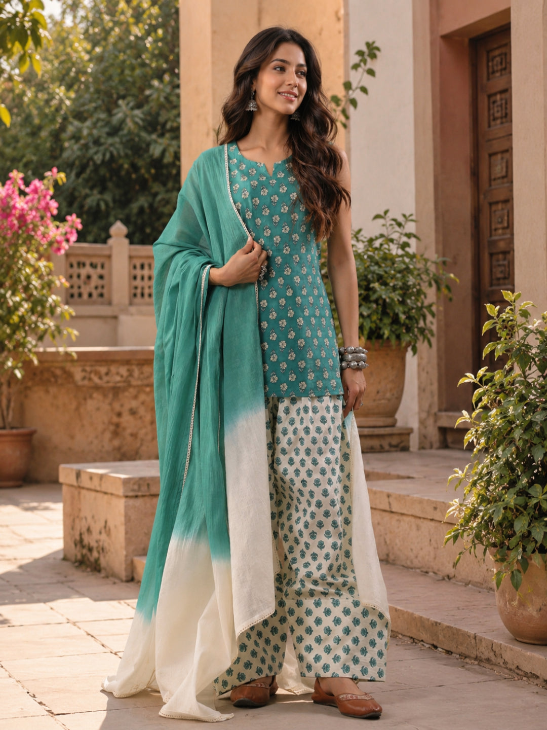 Floral Printed Round Neck Sleeveless Pure Cotton Farshi Kurta Set