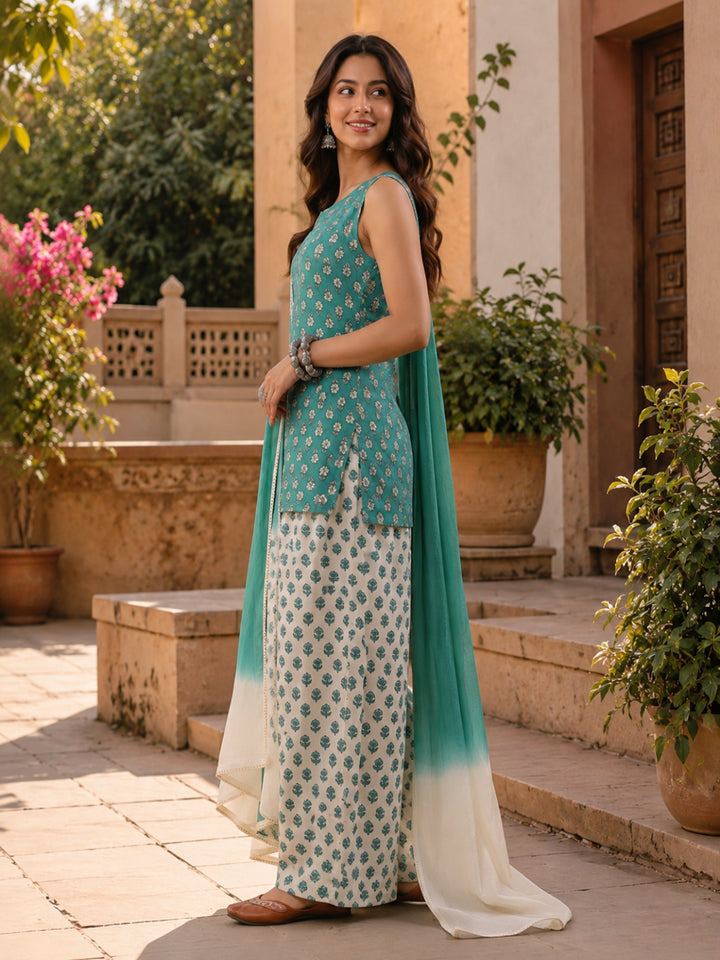 Floral Printed Round Neck Sleeveless Pure Cotton Farshi Kurta Set