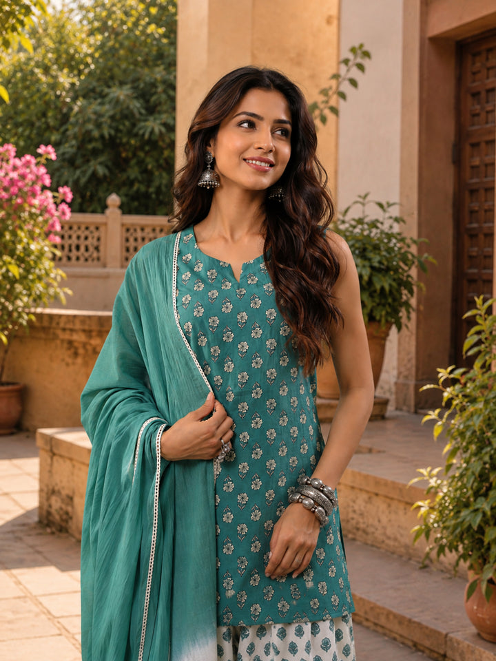 Floral Printed Round Neck Sleeveless Pure Cotton Farshi Kurta Set