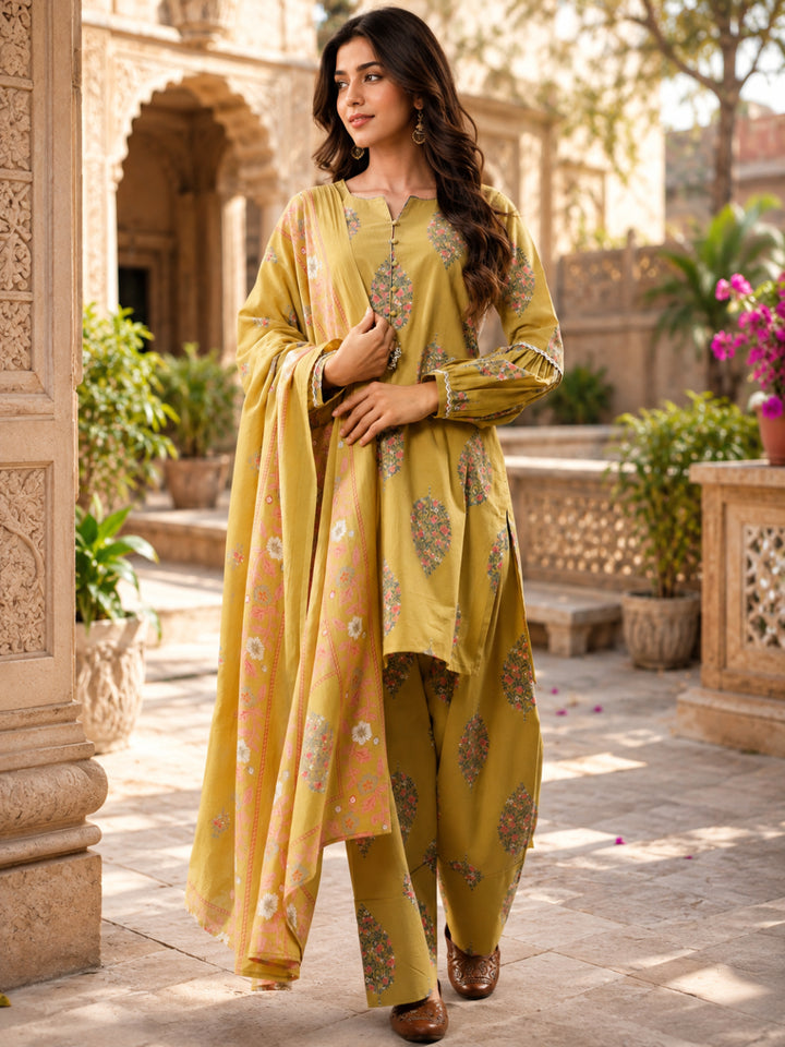 Floral Printed Round Neck Puff Sleeves Pure Cotton Farshi Kurta Set