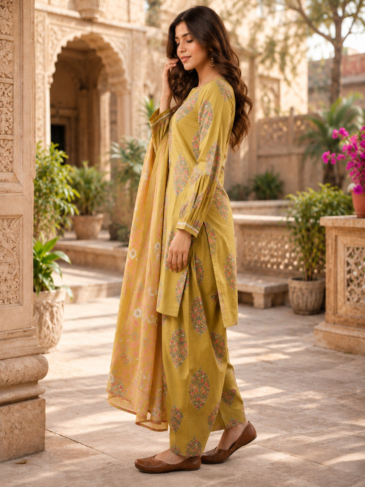 Floral Printed Round Neck Puff Sleeves Pure Cotton Farshi Kurta Set