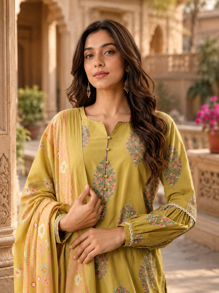 Floral Printed Round Neck Puff Sleeves Pure Cotton Farshi Kurta Set