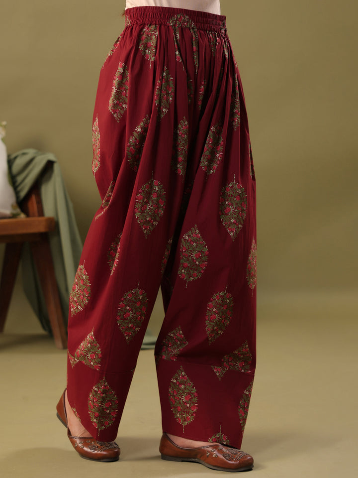 Floral Printed Round Neck Puff Sleeves Pure Cotton Farshi Kurta Set