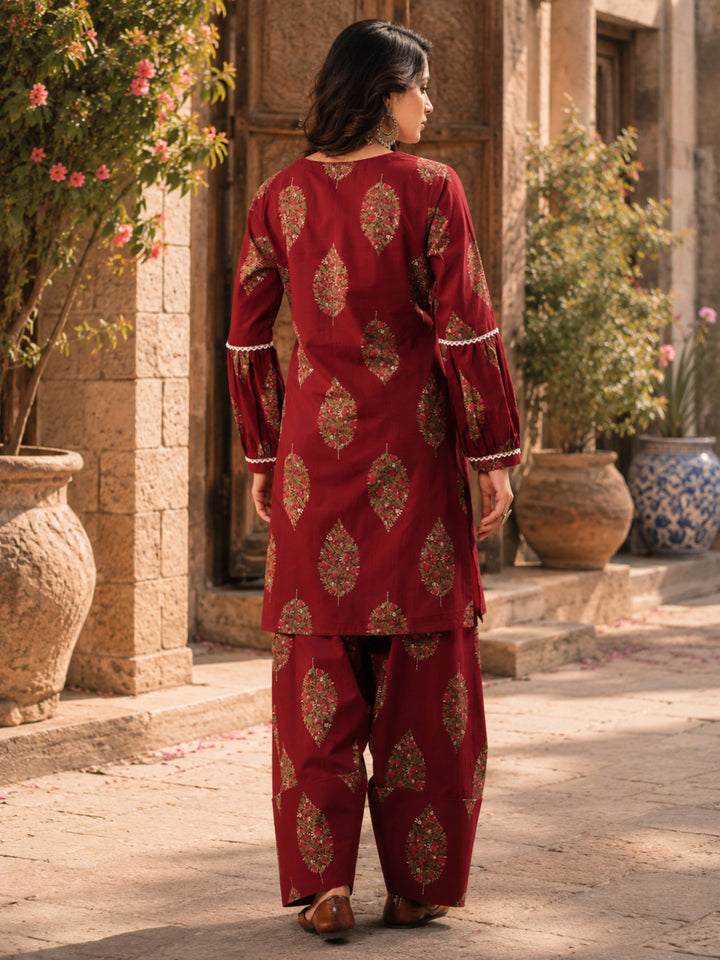 Floral Printed Round Neck Puff Sleeves Pure Cotton Farshi Kurta Set
