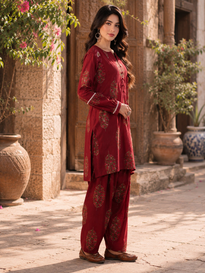 Floral Printed Round Neck Puff Sleeves Pure Cotton Farshi Kurta Set