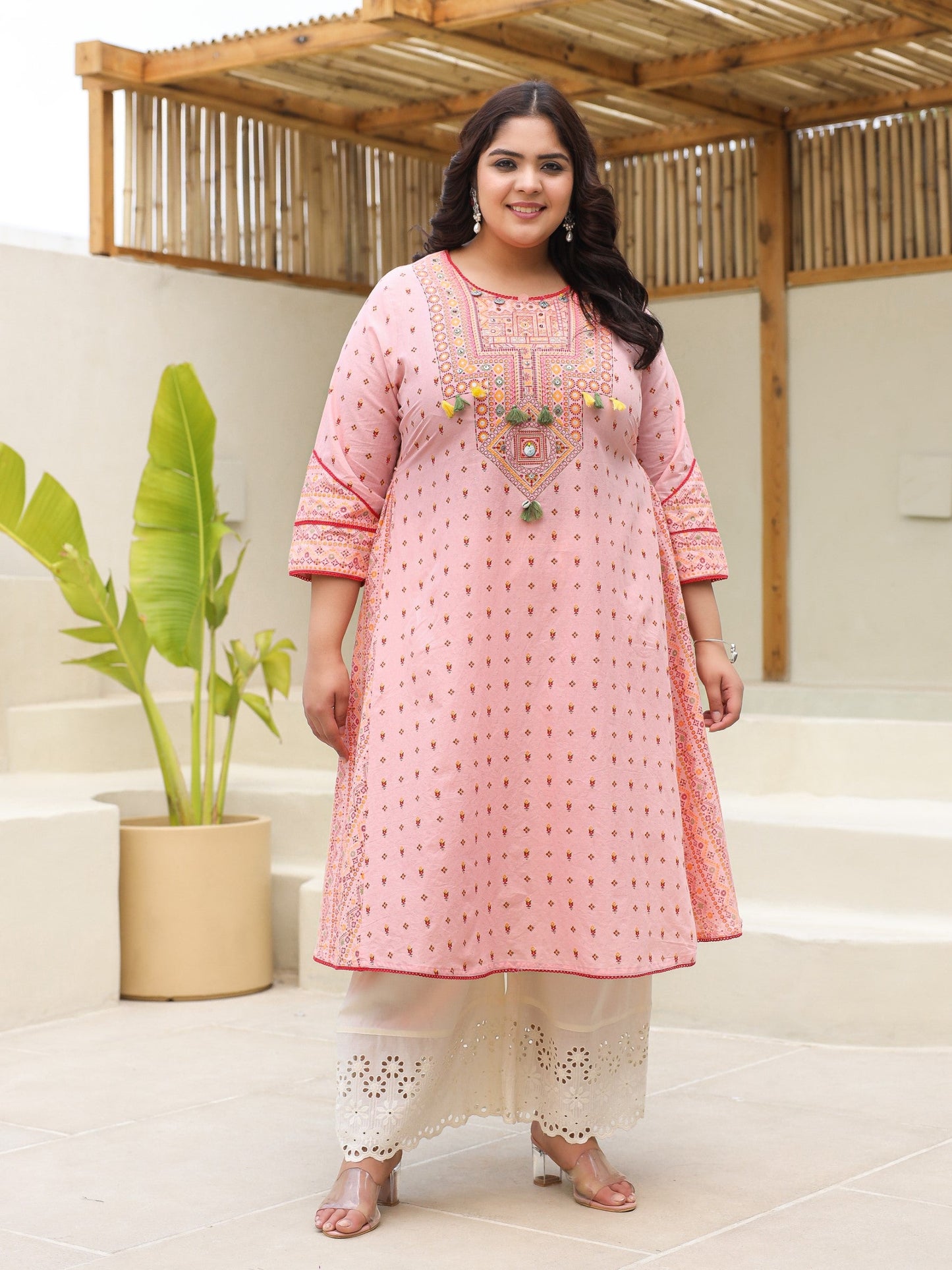 Pure Cotton Pink Tribal Multicolour Printed Plus Size A-Line Kurta With  Contrast Beads  Sequins Kaudis & Tassels