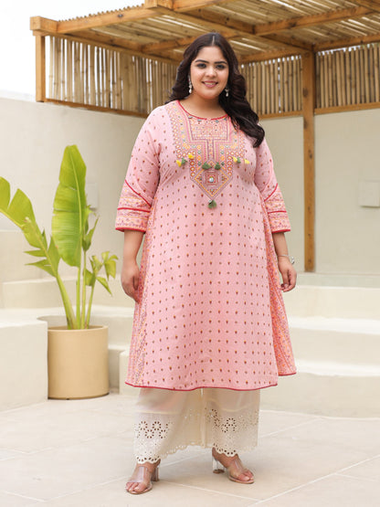 Pure Cotton Pink Tribal Multicolour Printed Plus Size A-Line Kurta With  Contrast Beads  Sequins Kaudis & Tassels