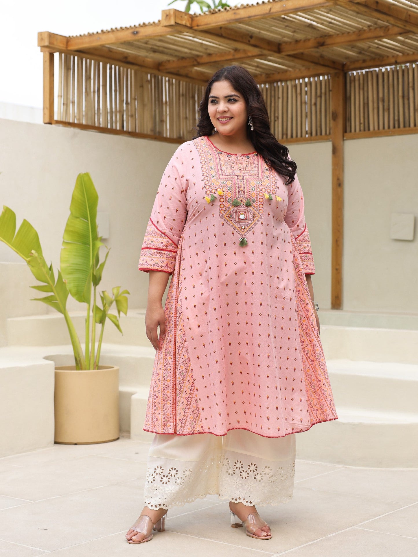 Pure Cotton Pink Tribal Multicolour Printed Plus Size A-Line Kurta With  Contrast Beads  Sequins Kaudis & Tassels