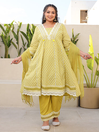 Lime Green Ethnic Motif Printed & Laced Pure Cotton Plus Size Anarkali Kurta Pants & Dupatta Set With Tassels Sequins & Buttons (3-Pcs)
