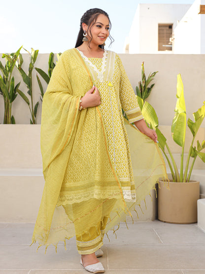 Lime Green Ethnic Motif Printed & Laced Pure Cotton Plus Size Anarkali Kurta Pants & Dupatta Set With Tassels Sequins & Buttons (3-Pcs)