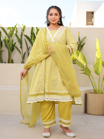 Lime Green Ethnic Motif Printed & Laced Pure Cotton Plus Size Anarkali Kurta Pants & Dupatta Set With Tassels Sequins & Buttons (3-Pcs)