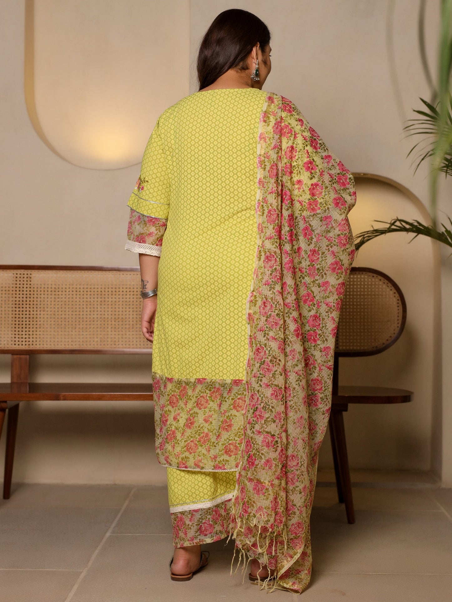The Madhubala Lime Green Floral Printed & Laced Pure Cotton Plus Size Kurta Palazzo & Dupatta Set With Printed Kota Doria Dupatta