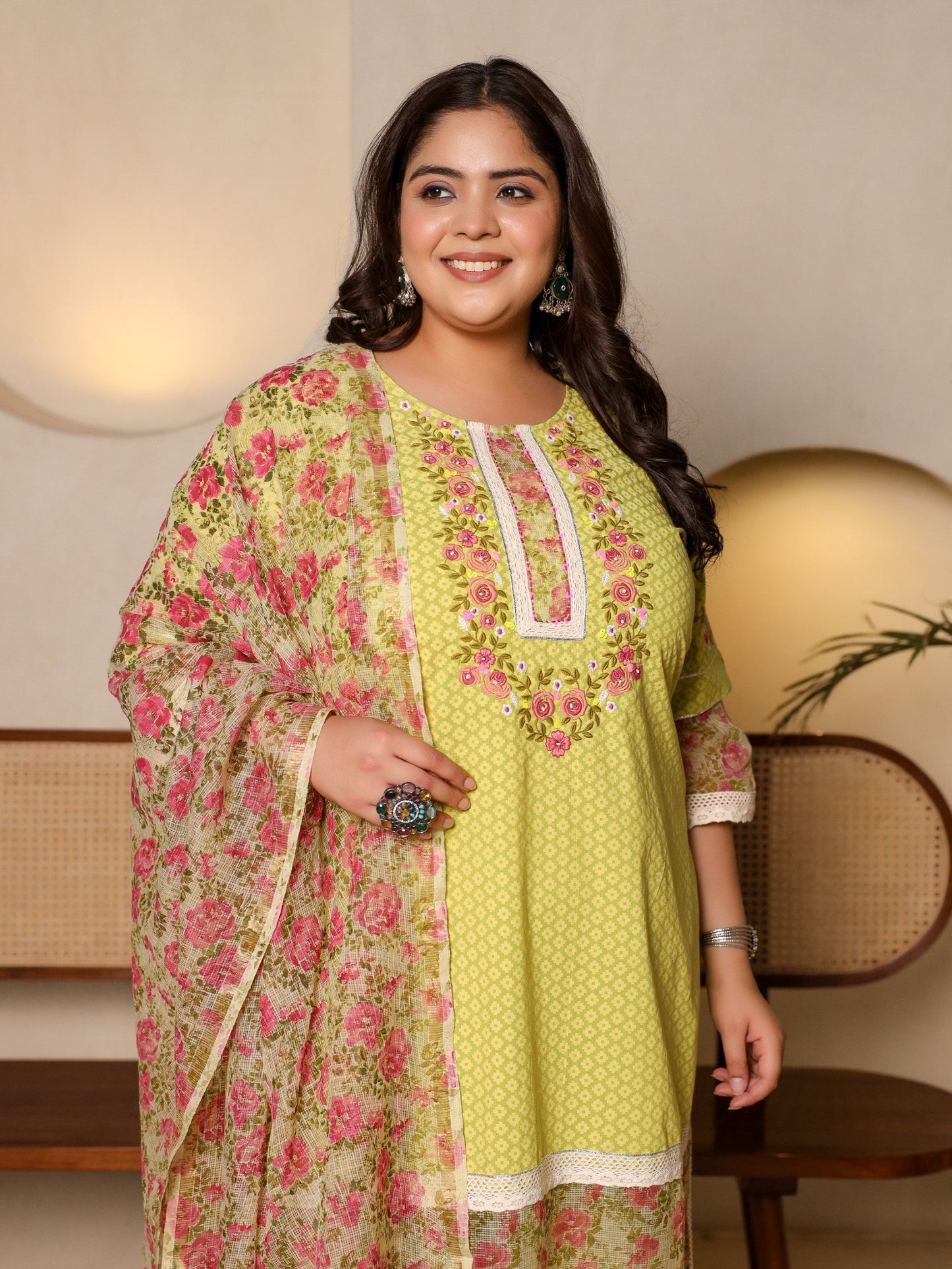 The Madhubala Lime Green Floral Printed & Laced Pure Cotton Plus Size Kurta Palazzo & Dupatta Set With Printed Kota Doria Dupatta