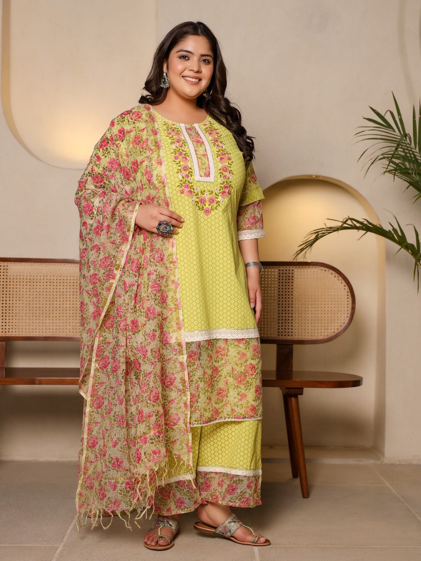 The Madhubala Lime Green Floral Printed & Laced Pure Cotton Plus Size Kurta Palazzo & Dupatta Set With Printed Kota Doria Dupatta