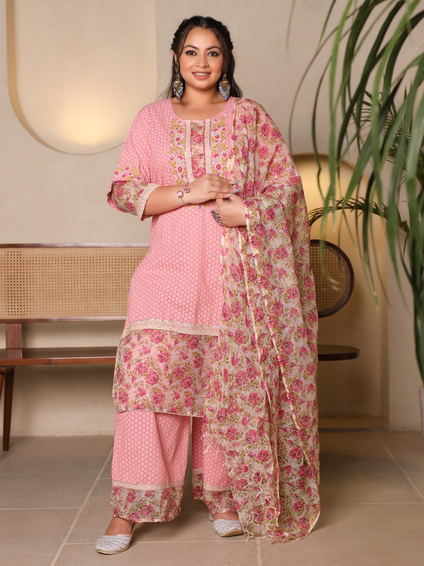 The Madhubala Lime Green Floral Printed & Laced Pure Cotton Plus Size Kurta Palazzo & Dupatta Set With Printed Kota Doria Dupatta
