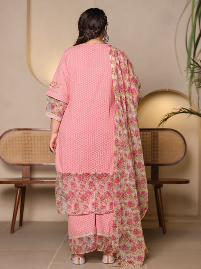 The Madhubala Lime Green Floral Printed & Laced Pure Cotton Plus Size Kurta Palazzo & Dupatta Set With Printed Kota Doria Dupatta