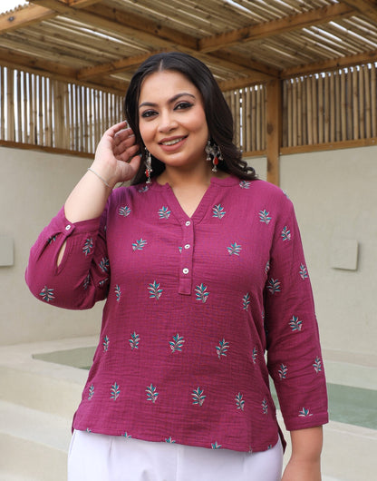 Wine Women Floral Embroidered High-Low Cotton Plus Size Tunic With Half Placket