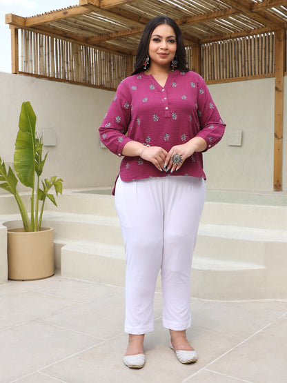 Wine Women Floral Embroidered High-Low Cotton Plus Size Tunic With Half Placket