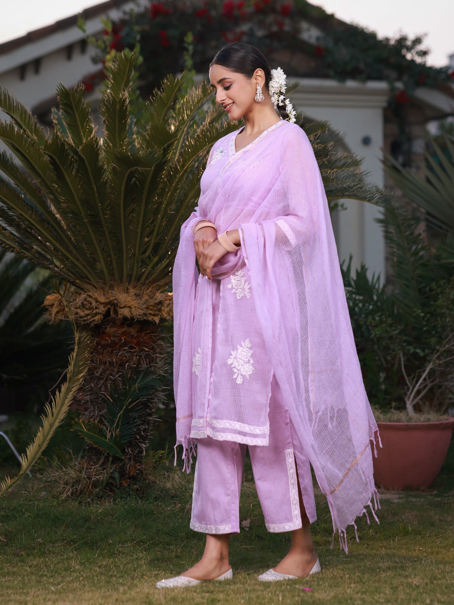 Lilac Floral Printed Pure Cotton Kurta Palazzos & Kota Doria Dupatta With Beads Work