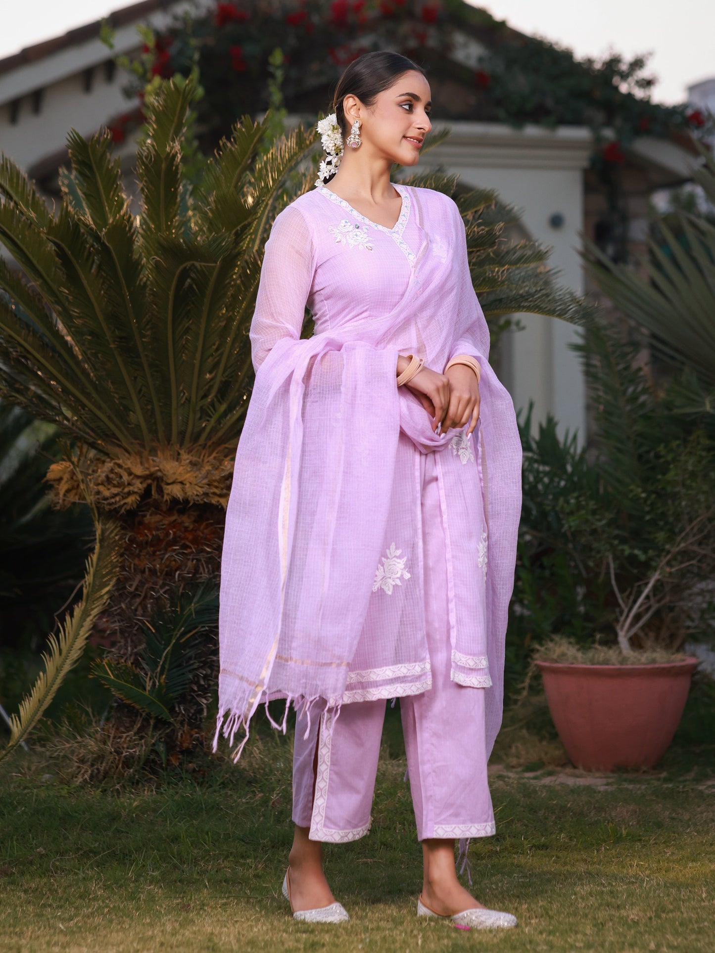 Lilac Floral Printed Pure Cotton Kurta Palazzos & Kota Doria Dupatta With Beads Work