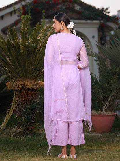 Lilac Floral Printed Pure Cotton Kurta Palazzos & Kota Doria Dupatta With Beads Work