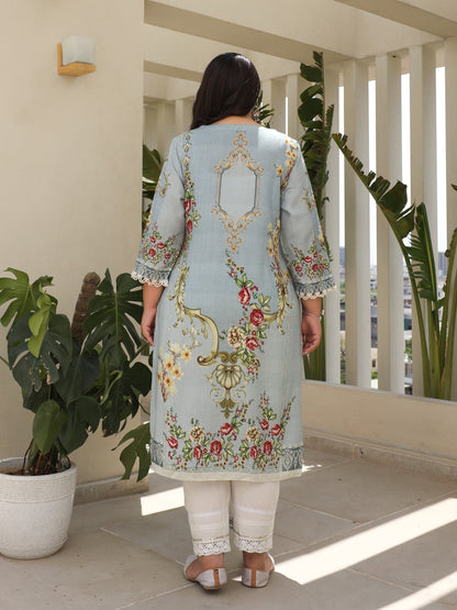 Grey Rayon Floral Printed Regular Plus Size Kurta With Beadwork