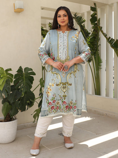 Grey Rayon Floral Printed Regular Plus Size Kurta With Beadwork