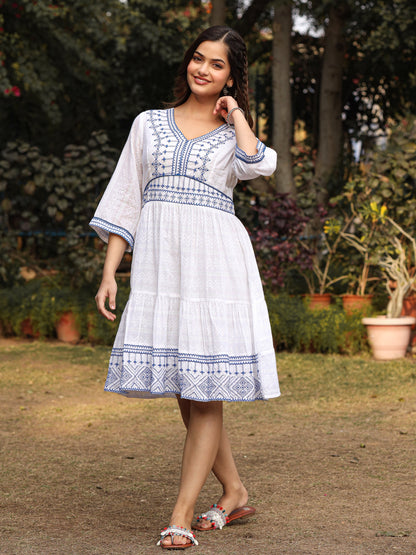 White Geometric Embroidered Cotton Dobby  Short Dress