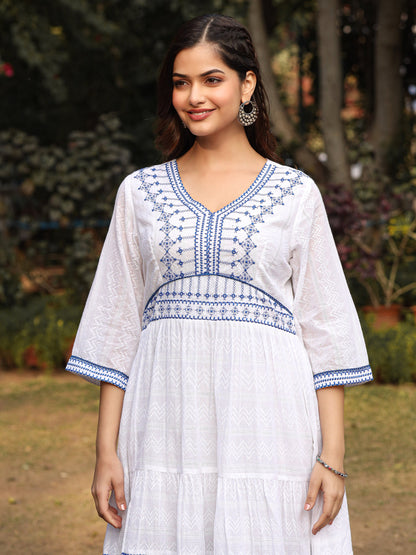 White Geometric Embroidered Cotton Dobby  Short Dress