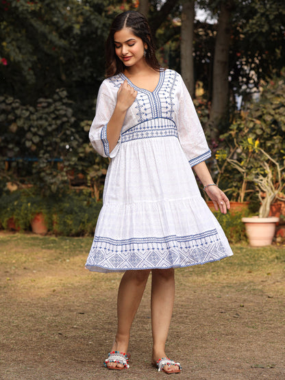 White Geometric Embroidered Cotton Dobby  Short Dress