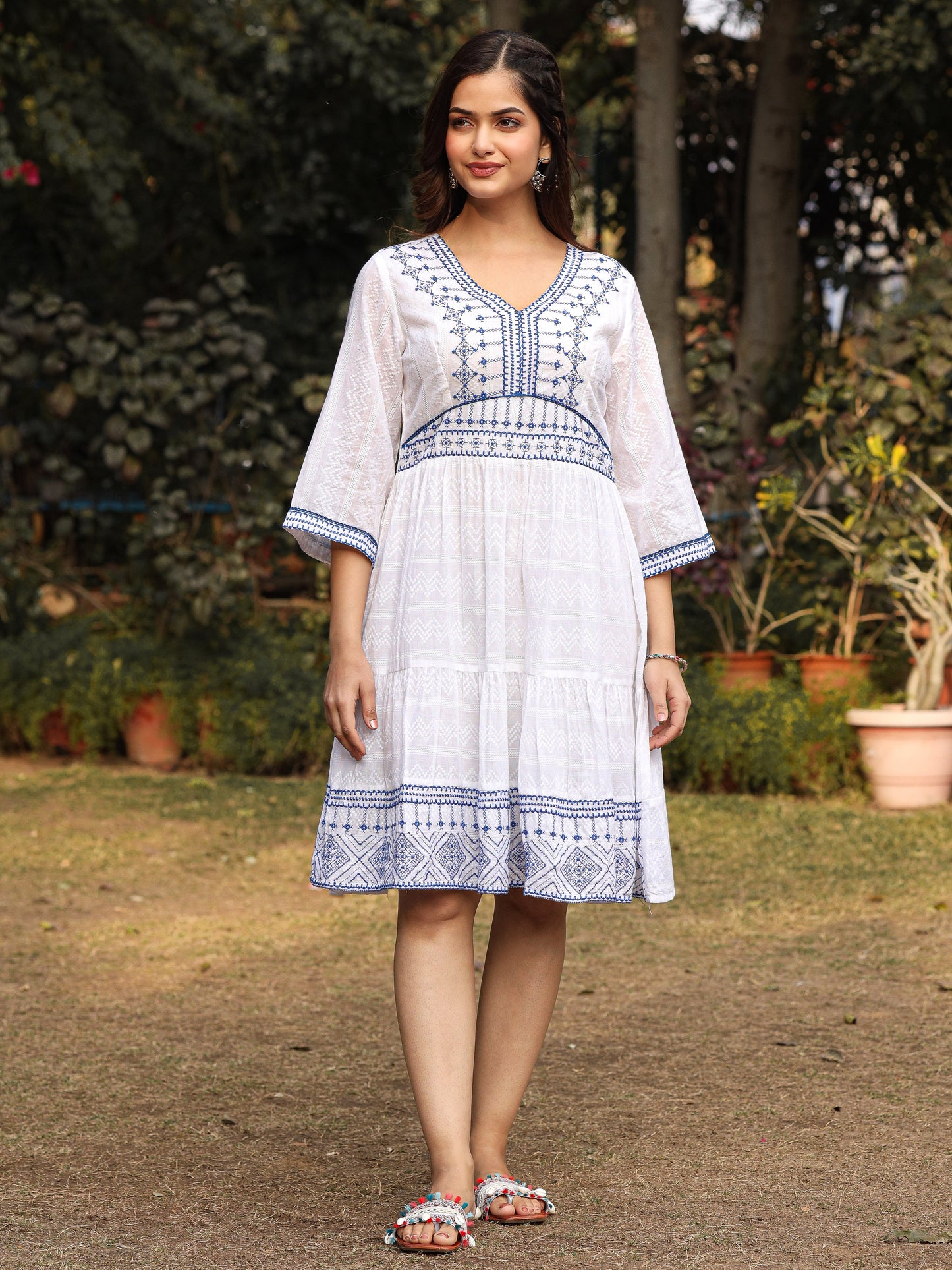White Geometric Embroidered Cotton Dobby  Short Dress