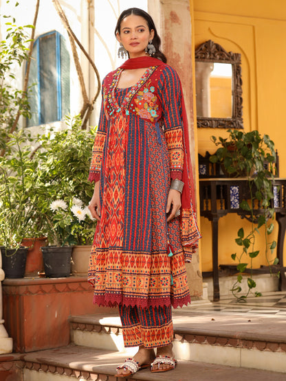 Rust Pure Cotton Ikat Printed Alia Cut Anarkali Kurta Set With Tassels & Thread  Embroidery