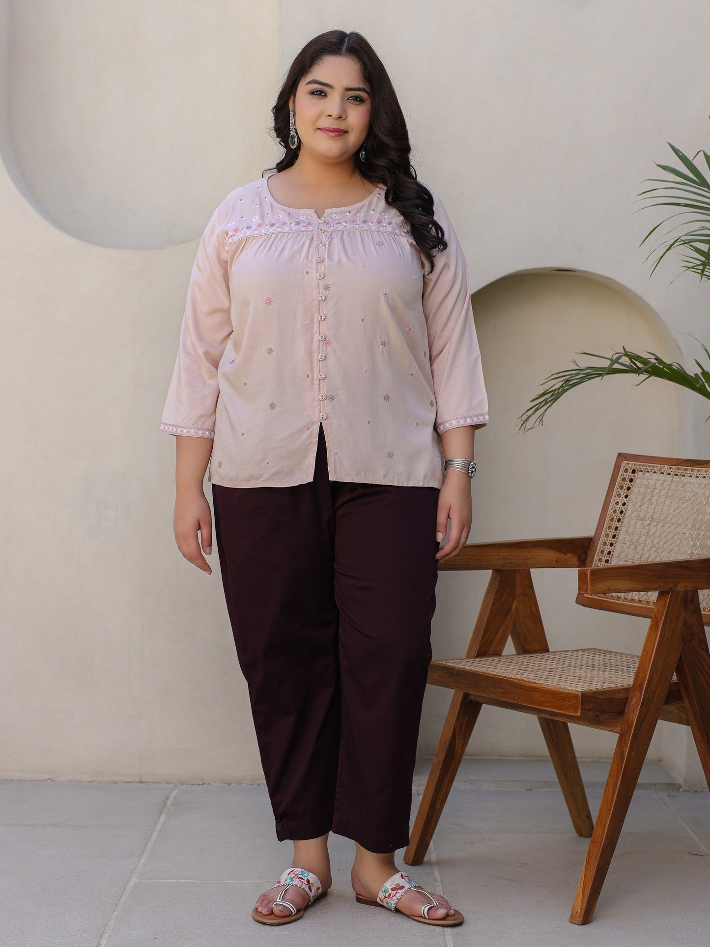 Nude Gathered Rayon Plus Size Tunic With Thread Embroidery