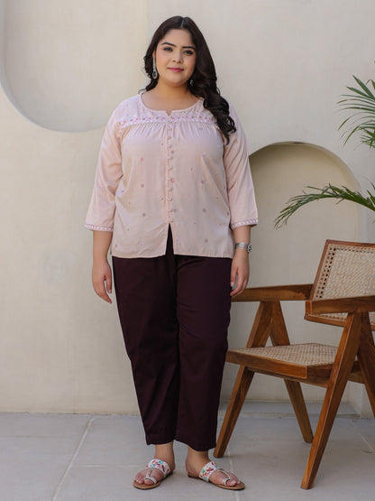 Nude Gathered Rayon Plus Size Tunic With Thread Embroidery