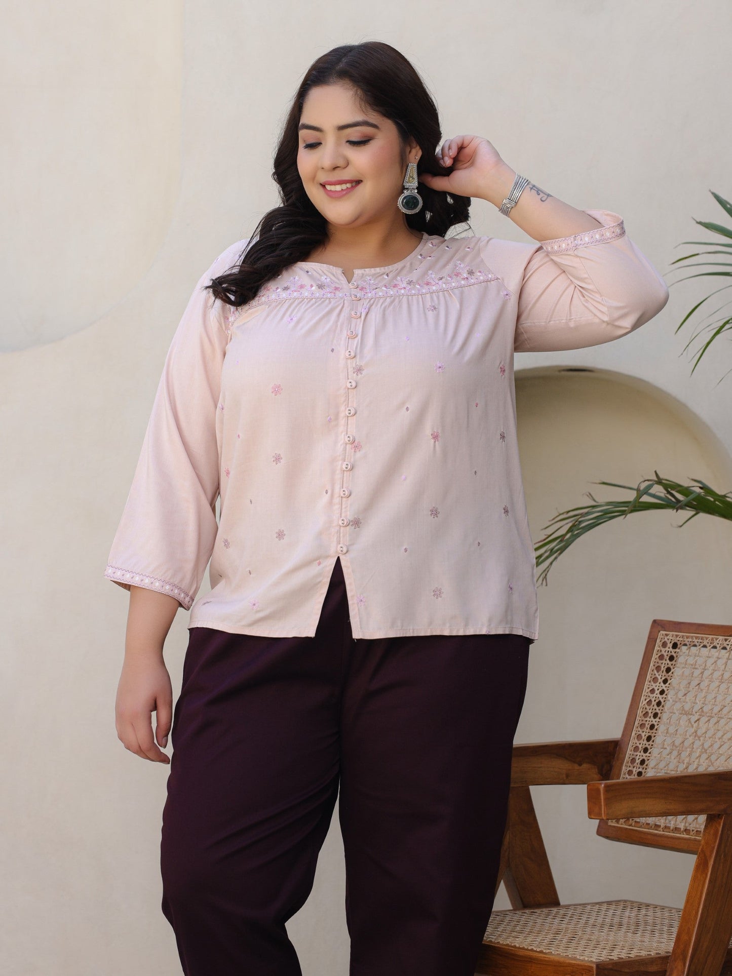 Nude Gathered Rayon Plus Size Tunic With Thread Embroidery