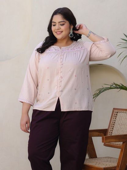 Nude Gathered Rayon Plus Size Tunic With Thread Embroidery