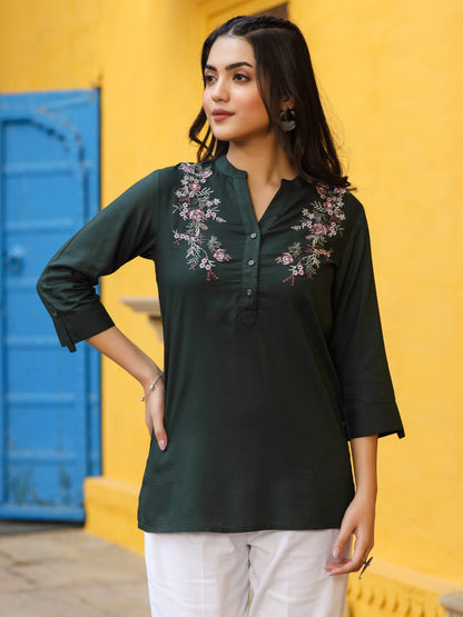 Green Modal Rayon Embroidered Tunic