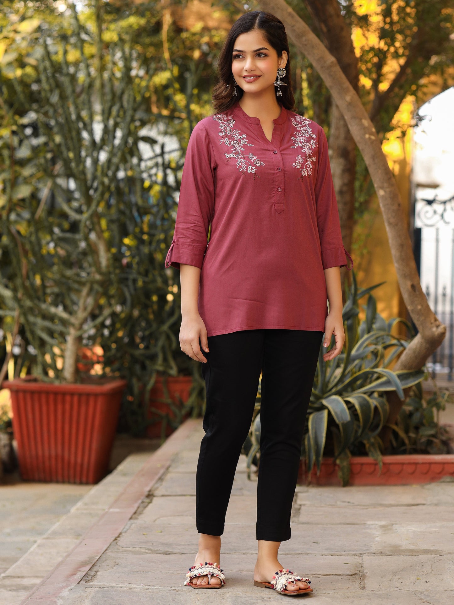 Onion Pink Modal Rayon Embroidered Tunic